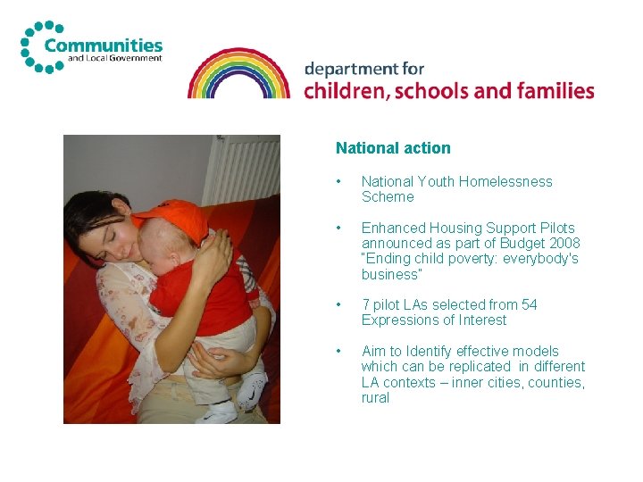 National action • National Youth Homelessness Scheme • Enhanced Housing Support Pilots announced as National action • National Youth Homelessness Scheme • Enhanced Housing Support Pilots announced as
