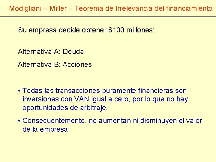 Modigliani – Miller – Teorema de Irrelevancia del financiamiento Su empresa decide obtener $100