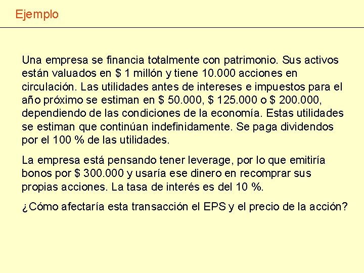 Ejemplo Una empresa se financia totalmente con patrimonio. Sus activos están valuados en $