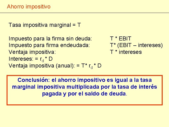 Ahorro impositivo Tasa impositiva marginal = T Impuesto para la firma sin deuda: Impuesto