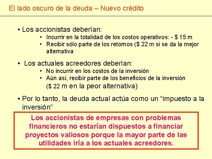 El lado oscuro de la deuda – Nuevo crédito • Los accionistas deberían: •