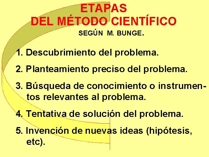 ETAPAS DEL MÉTODO CIENTÍFICO SEGÚN M. BUNGE. 1. Descubrimiento del problema. 2. Planteamiento preciso