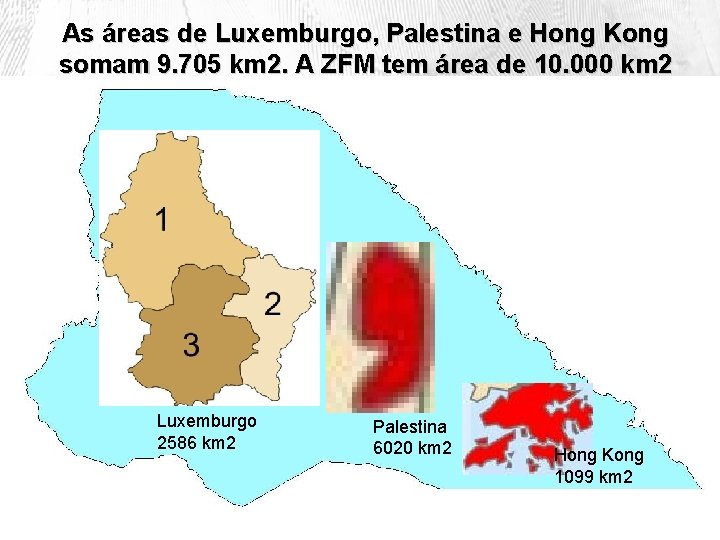As áreas de Luxemburgo, Palestina e Hong Kong somam 9. 705 km 2. A