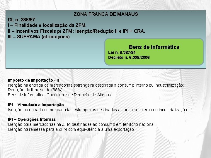 ZONA FRANCA DE MANAUS DL n. 288/67 I – Finalidade e localização da ZFM.