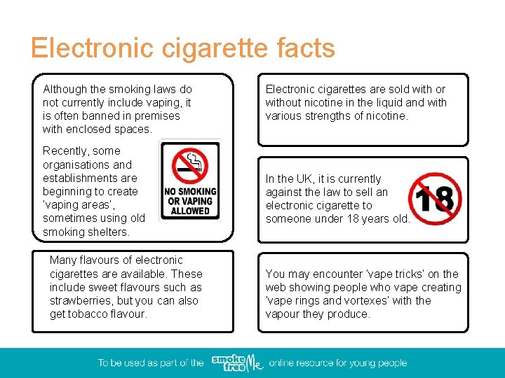 Electronic cigarette facts Although the smoking laws do not currently include vaping, it is