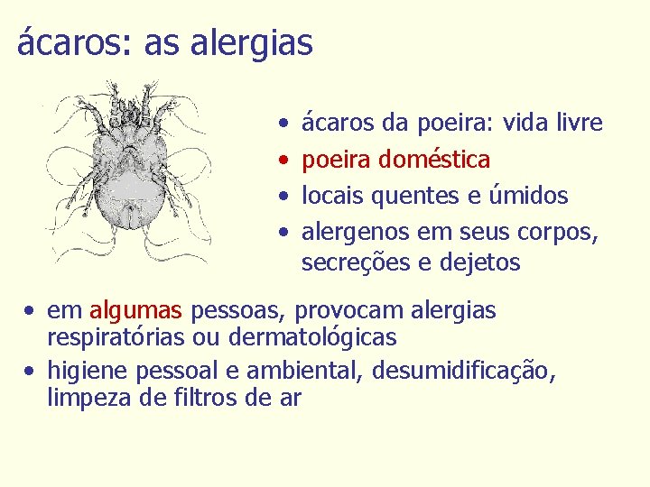 ácaros: as alergias • • ácaros da poeira: vida livre poeira doméstica locais quentes