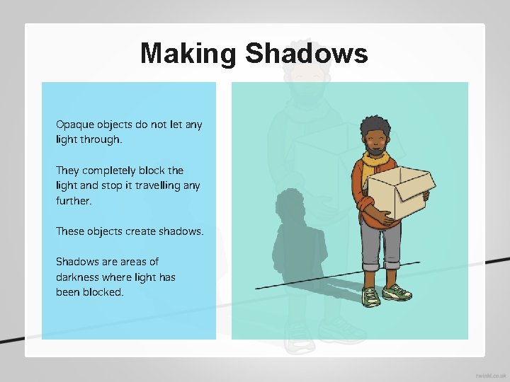 Making Shadows Opaque objects do not let any light through. They completely block the