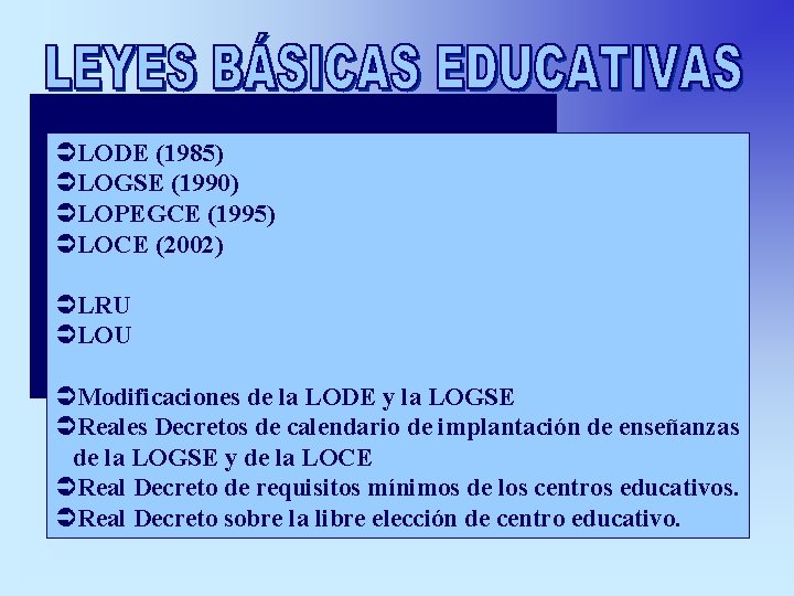 ÜLODE (1985) ÜLOGSE (1990) ÜLOPEGCE (1995) ÜLOCE (2002) ÜLRU ÜLOU ÜModificaciones de la LODE