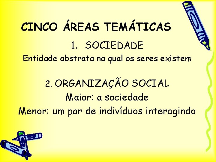 CINCO ÁREAS TEMÁTICAS 1. SOCIEDADE Entidade abstrata na qual os seres existem 2. ORGANIZAÇÃO