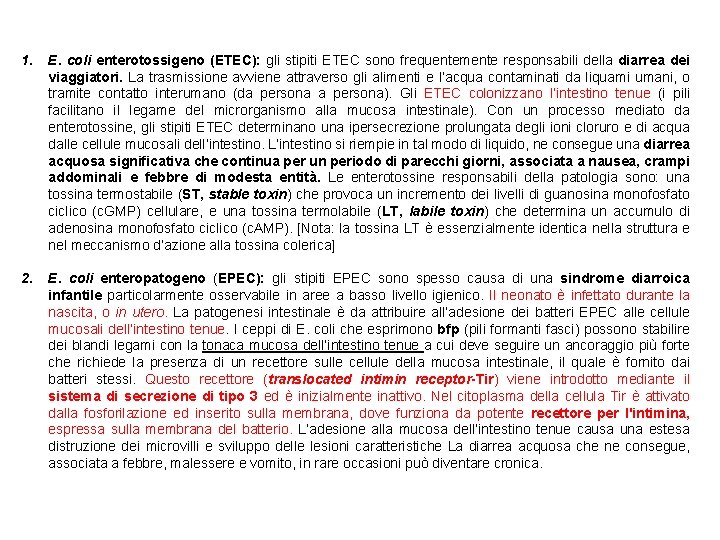 1. E. coli enterotossigeno (ETEC): gli stipiti ETEC sono frequentemente responsabili della diarrea dei