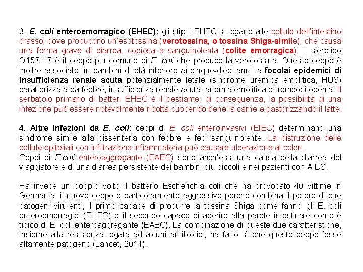 3. E. coli enteroemorragico (EHEC): gli stipiti EHEC si legano alle cellule dell’intestino crasso,