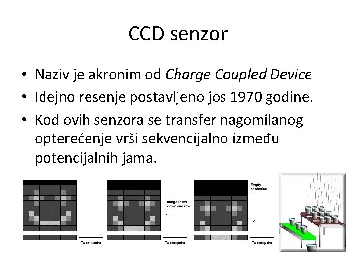 CCD senzor • Naziv je akronim od Charge Coupled Device • Idejno resenje postavljeno