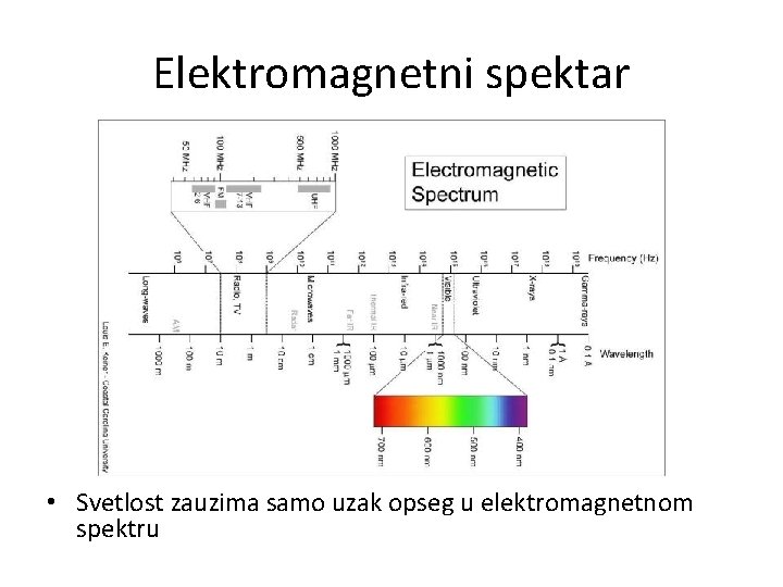 Elektromagnetni spektar • Svetlost zauzima samo uzak opseg u elektromagnetnom spektru 