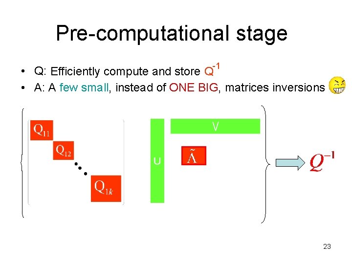 Pre-computational stage • Q: Efficiently compute and store Q-1 • A: A few small,