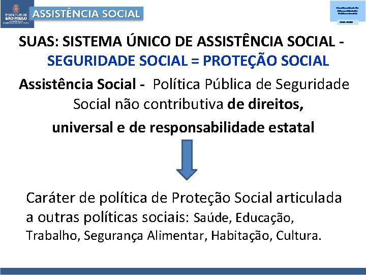 SUAS: SISTEMA ÚNICO DE ASSISTÊNCIA SOCIAL SEGURIDADE SOCIAL = PROTEÇÃO SOCIAL Assistência Social -