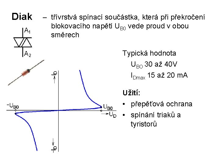 Diak – třívrstvá spínací součástka, která při překročení blokovacího napětí UB 0 vede proud