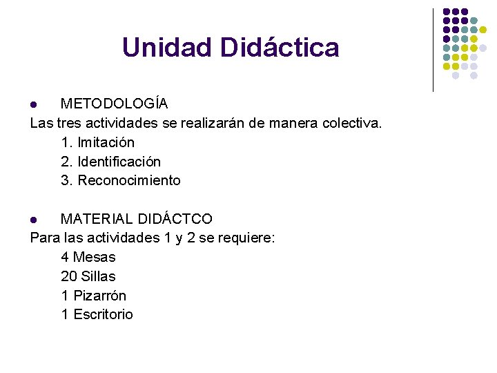 Unidad Didáctica METODOLOGÍA Las tres actividades se realizarán de manera colectiva. 1. Imitación 2.