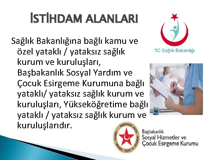 İSTİHDAM ALANLARI Sağlık Bakanlığına bağlı kamu ve özel yataklı / yataksız sağlık kurum ve