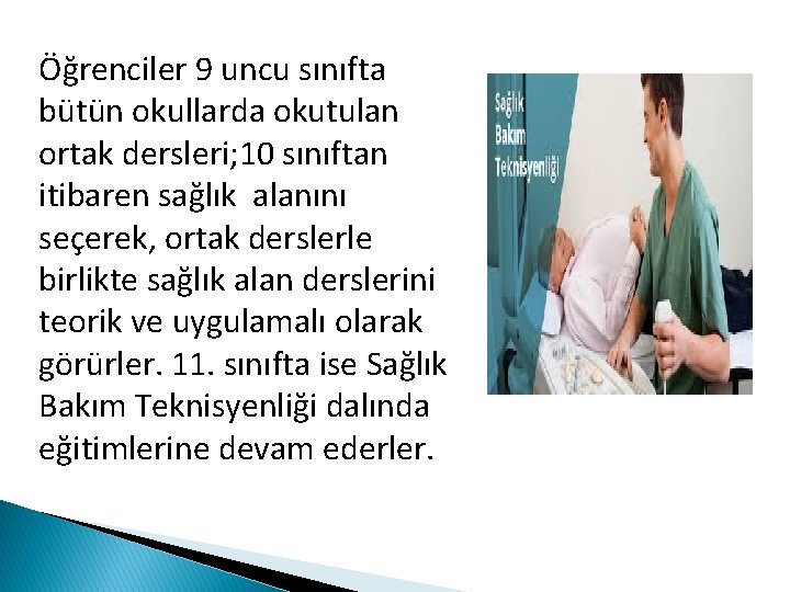 Öğrenciler 9 uncu sınıfta bütün okullarda okutulan ortak dersleri; 10 sınıftan itibaren sağlık alanını