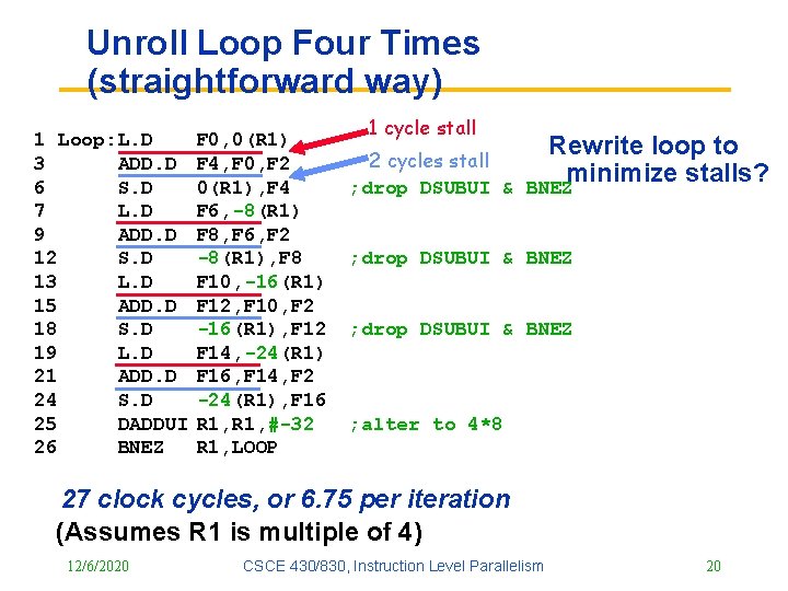 Unroll Loop Four Times (straightforward way) 1 Loop: L. D 3 ADD. D 6