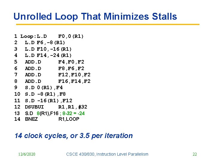 Unrolled Loop That Minimizes Stalls 1 Loop: L. D F 0, 0(R 1) 2