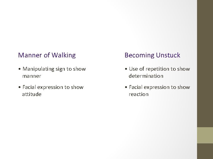 Manner of Walking Becoming Unstuck • Manipulating sign to show manner • Use of