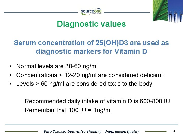 Diagnostic values Serum concentration of 25(OH)D 3 are used as diagnostic markers for Vitamin