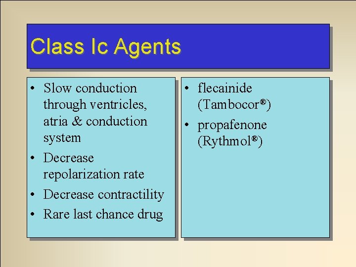 Class Ic Agents • Slow conduction through ventricles, atria & conduction system • Decrease