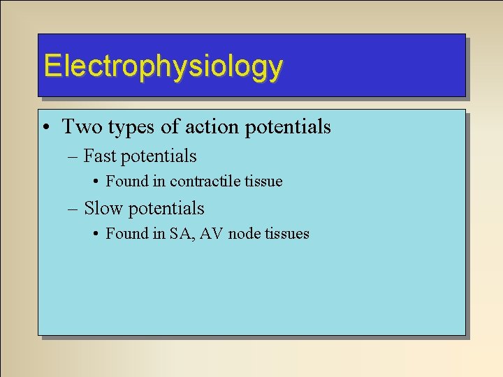Electrophysiology • Two types of action potentials – Fast potentials • Found in contractile