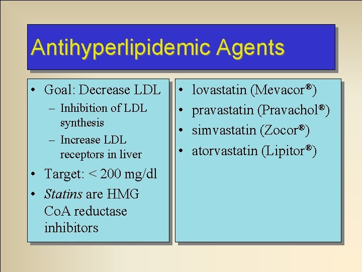 Antihyperlipidemic Agents • Goal: Decrease LDL – Inhibition of LDL synthesis – Increase LDL