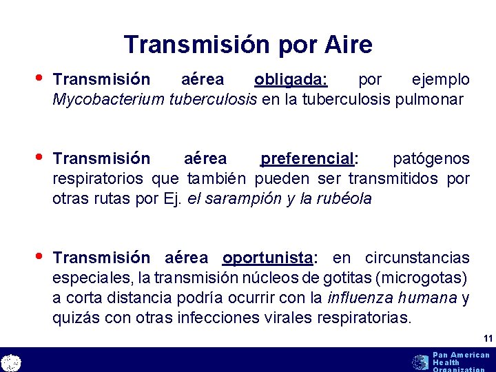 Transmisión por Aire • Transmisión aérea obligada: por ejemplo Mycobacterium tuberculosis en la tuberculosis Transmisión por Aire • Transmisión aérea obligada: por ejemplo Mycobacterium tuberculosis en la tuberculosis