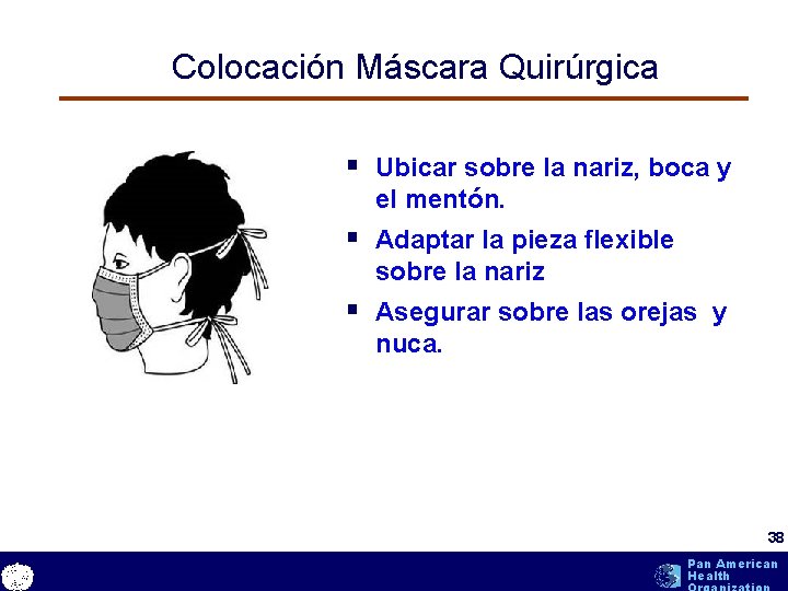 Colocación Máscara Quirúrgica § Ubicar sobre la nariz, boca y el mentón. § Adaptar Colocación Máscara Quirúrgica § Ubicar sobre la nariz, boca y el mentón. § Adaptar