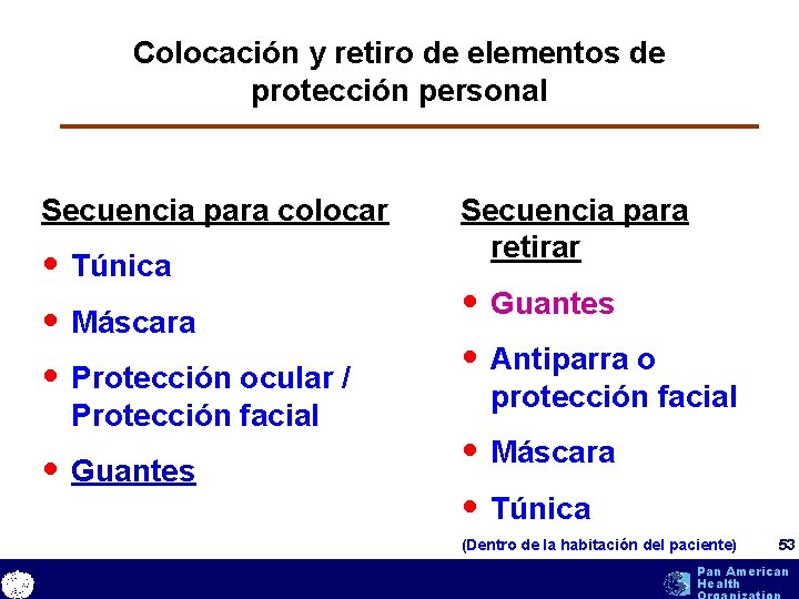 Colocación y retiro de elementos de protección personal Secuencia para colocar • Túnica • Colocación y retiro de elementos de protección personal Secuencia para colocar • Túnica •