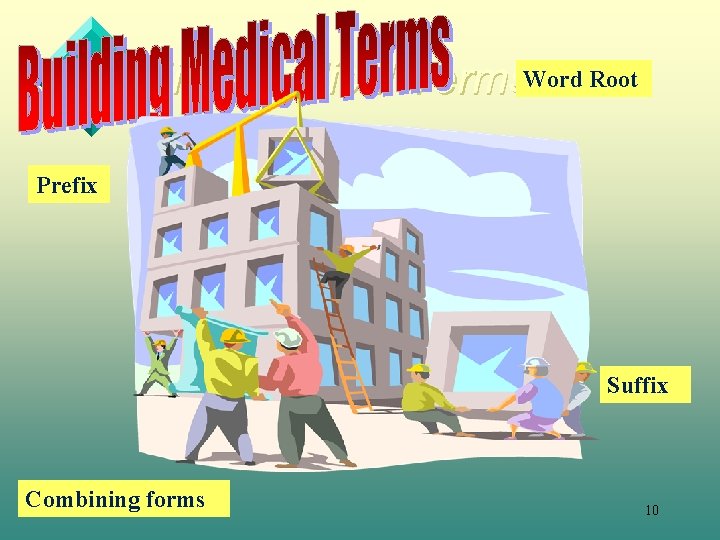 Building Medical Terms. Word Root Prefix Suffix Combining forms 10 