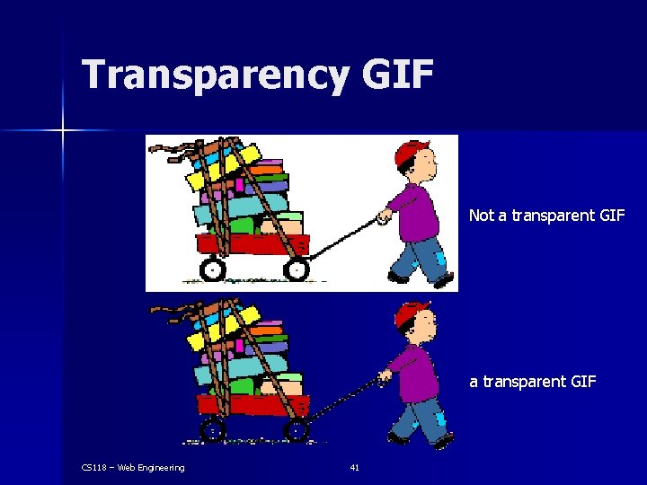 Transparency GIF Not a transparent GIF CS 118 – Web Engineering 41 