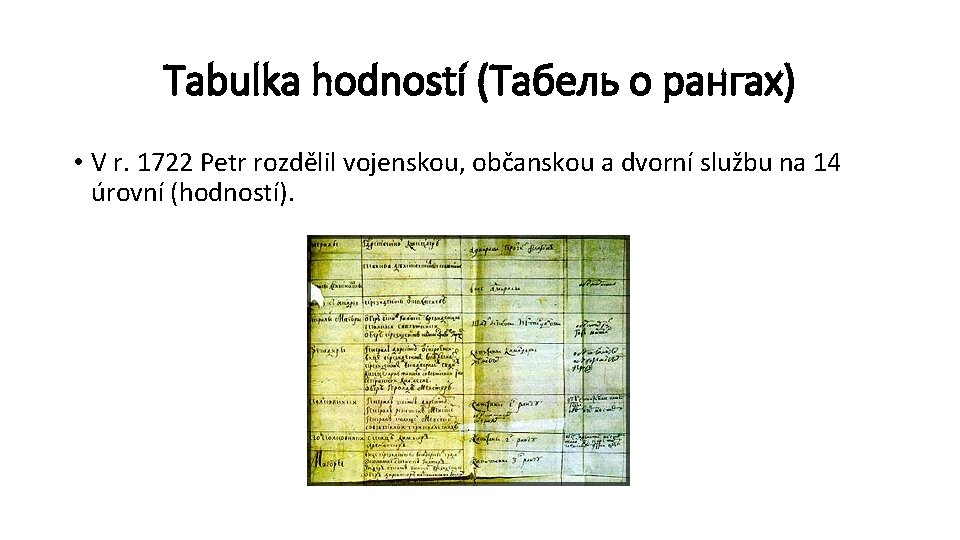 Tabulka hodností (Табель о рангах) • V r. 1722 Petr rozdělil vojenskou, občanskou a