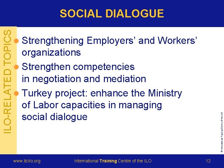 l Strengthening Employers’ and Workers’ organizations l Strengthen competencies in negotiation and mediation l