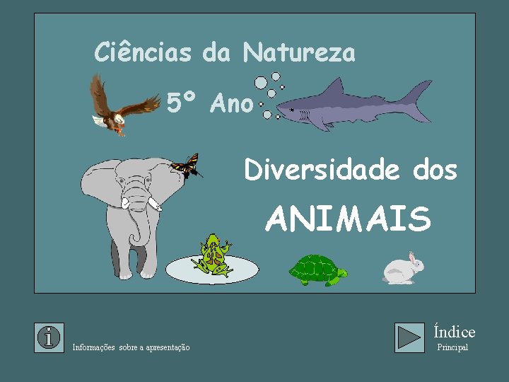 Ciências da Natureza 5º Ano Diversidade dos ANIMAIS Índice Informações sobre a apresentação Principal Ciências da Natureza 5º Ano Diversidade dos ANIMAIS Índice Informações sobre a apresentação Principal