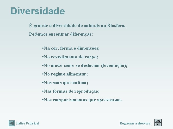 Diversidade É grande a diversidade de animais na Biosfera. Podemos encontrar diferenças: • Na Diversidade É grande a diversidade de animais na Biosfera. Podemos encontrar diferenças: • Na