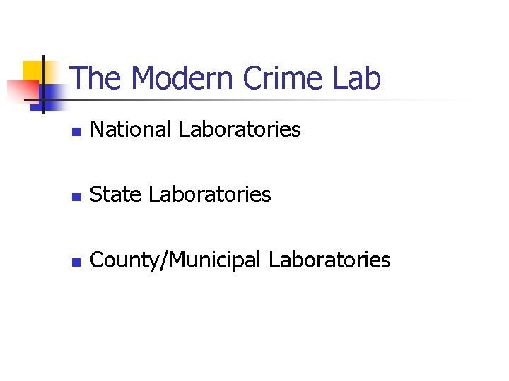 The Modern Crime Lab n National Laboratories n State Laboratories n County/Municipal Laboratories 