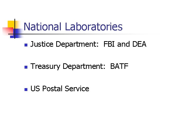 National Laboratories n Justice Department: FBI and DEA n Treasury Department: BATF n US