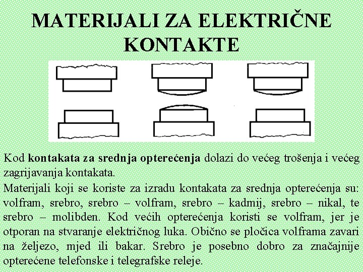 MATERIJALI ZA ELEKTRIČNE KONTAKTE Kod kontakata za srednja opterećenja dolazi do većeg trošenja i MATERIJALI ZA ELEKTRIČNE KONTAKTE Kod kontakata za srednja opterećenja dolazi do većeg trošenja i