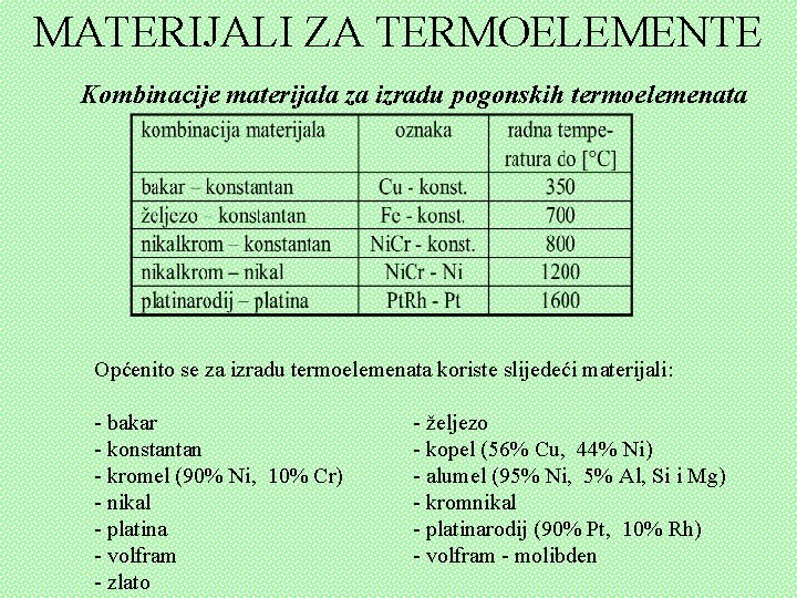 MATERIJALI ZA TERMOELEMENTE Kombinacije materijala za izradu pogonskih termoelemenata Općenito se za izradu termoelemenata MATERIJALI ZA TERMOELEMENTE Kombinacije materijala za izradu pogonskih termoelemenata Općenito se za izradu termoelemenata