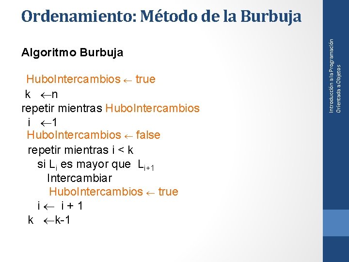 Algoritmo Burbuja Hubo. Intercambios true k n repetir mientras Hubo. Intercambios i 1 Hubo.