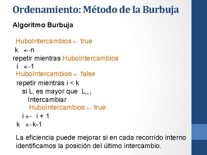 Ordenamiento: Método de la Burbuja Algoritmo Burbuja Hubo. Intercambios true k n repetir mientras