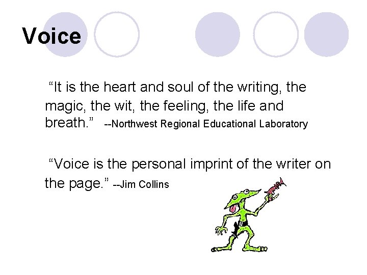 Voice “It is the heart and soul of the writing, the magic, the wit, Voice “It is the heart and soul of the writing, the magic, the wit,