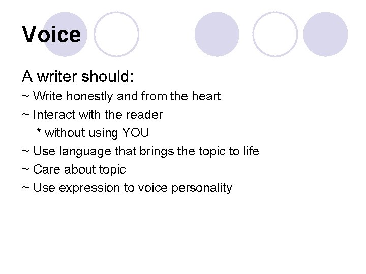 Voice A writer should: ~ Write honestly and from the heart ~ Interact with Voice A writer should: ~ Write honestly and from the heart ~ Interact with