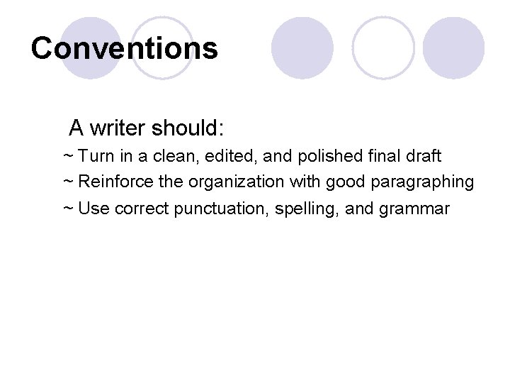 Conventions A writer should: ~ Turn in a clean, edited, and polished final draft Conventions A writer should: ~ Turn in a clean, edited, and polished final draft