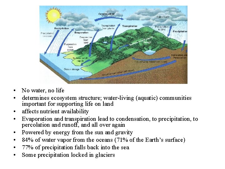  • No water, no life • determines ecosystem structure; water-living (aquatic) communities important