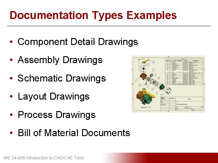 Documentation Types Examples • Component Detail Drawings • Assembly Drawings • Schematic Drawings •
